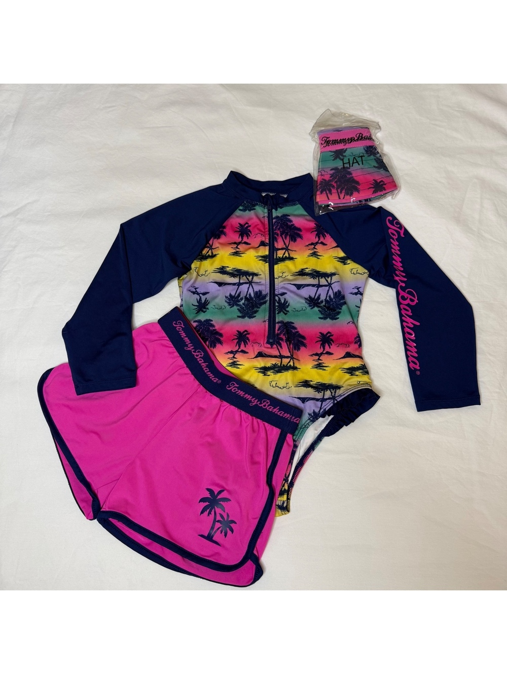 Tommy Bahama Girls 3-Piece Swim Set Rash Guard Shorts Hat Tropical Pink Blue
